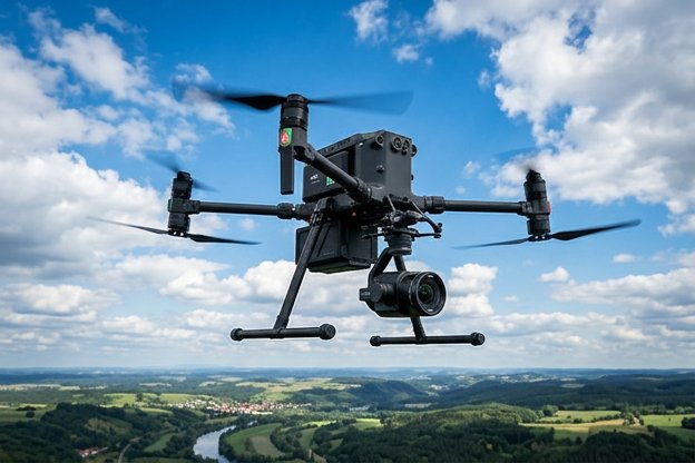 Professional drone flying over a landscape